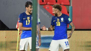 Brazil&#039;s Lucas Paqueta (L) celebrates with teammate Neymar after scoring against Paraguay during their South American qualification football match for the FIFA World Cup Qatar 2022 at the Defensores del Chaco Stadium in Asuncion on June 8, 2021. (Pho