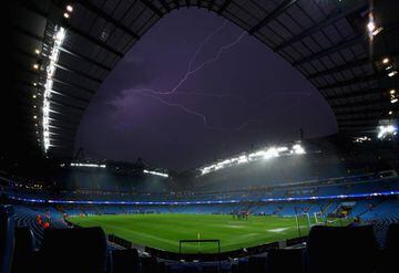 A general view inside the stadium as Lightning strikes following the postponement of the UEFA Champions League Group A match between Manchester City FC and VfL Borussia Moenchengladbach at Etihad Stadium on September 13, 2016 in Manchester, England.