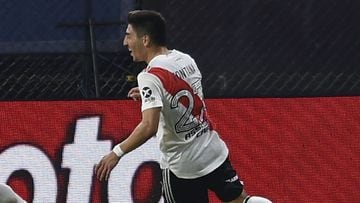 Julian Alvarez of River Plate, left, celebrates with teammate Agustin Fontana after scoring against Boca Juniors during a local league soccer match at the Bombonera stadium in Buenos Aires, Argentina, Sunday, May 16, 2021. (Marcelo Endelli/Pool via AP)