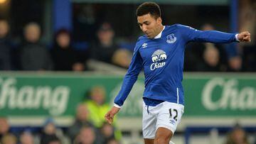 Aaron Lennon scoring the opening goal of the English Premier League football match between Everton and Tottenham Hotspur at Goodison Park in Liverpool, north west England.