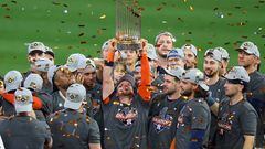 Nov 5, 2022; Houston, Texas, USA; Houston Astros designated hitter Christian Vazquez (9) and teammates hoist the World Series trophy after defeating the Philadelphia Phillies in game six and winning the 2022 World Series at Minute Maid Park. Mandatory Credit: Thomas Shea-USA TODAY Sports     TPX IMAGES OF THE DAY