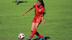 MONTEVIDEO, URUGUAY - NOVEMBER 21: Salma Paralluelo of Spain drives the ball during the FIFA U-17 Women&#039;s World Cup Uruguay 2018 group D match between Spain and Canada at Estadio Charrua on November 21, 2018 in Montevideo, Uruguay. (Photo by Hector V