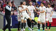 MADRID, SPAIN - MAY 15: Yousseff En-Nesyri of Sevilla celebrates their sides first goal with team mates during the LaLiga Santander match between Club Atletico de Madrid and Sevilla FC at Estadio Wanda Metropolitano on May 15, 2022 in Madrid, Spain. (Phot