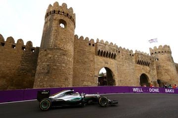 Hamilton during practice for the European Formula One Grand Prix at Baku City Circuit.