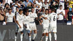 Aug 4, 2018; Landover, MD, USA; Real Madrid forward Gareth Bale (11) celebrates with teammates after scoring a goal against Juventus in the first half during an International Champions Cup soccer match at FedEx Field. Real Madrid won 3-1. Mandatory Credit