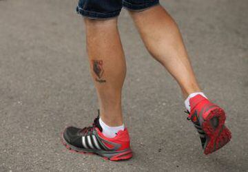 Football Soccer Britain - Watford v Arsenal - Premier League - Vicarage Road - 27/8/16 Tattoo on the leg of a Watford fan outside the ground before the match
