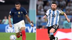 (COMBO) This combination of file photos created on December 16, 2022, shows France's forward #10 Kylian Mbappe (L) in Doha on November 26, 2022; and Argentina's forward #10 Lionel Messi in Al-Rayyan, west of Doha on December 3, 2022. - Argentina will play France in the Qatar 2022 World Cup football final match in Doha on December 18, 2022. (Photo by Franck FIFE and Alfredo ESTRELLA / AFP)