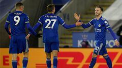 Leicester City&#039;s English midfielder James Maddison (R) celebrates scoring his team&#039;s second goal during the English Premier League football match between Leicester City and Chelsea at the King Power Stadium in Leicester, central England on Janua