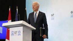 El presidente Joe Biden parte despu&eacute;s de hablar en una conferencia de prensa despu&eacute;s de asistir a la cumbre del G-7, el domingo 13 de junio de 2021, en el aeropuerto de Cornwall en Newquay, Inglaterra. 