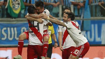 Argentina&#039;s River Plate Gonzalo Martinez (C), celebrates with teammates his goal scored against Brazil&#039;s Gremio, during their 2018 Copa Libertadores semifinal match held at Gremio Arena, in Porto Alegre, Brazil, on October 30, 2018. 