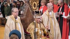 King Charles III is crowned with St Edward's Crown by The Archbishop of Canterbury the Most Reverend Justin Welby during his coronation ceremony in Westminster Abbey, London. Picture date: Saturday May 6, 2023.  Jonathan Brady/Pool via REUTERS