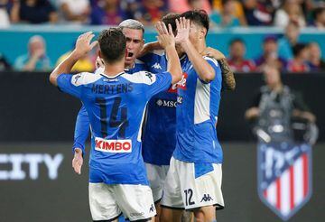 Napoli's Jose Callejon (2nd L) celebrates his goal with teammates against Napoli during the International Champions Cup football match between FC Barcelona and SSC Napoli at Hard Rock Stadium in Miami, Florida, on August 7, 2019. 