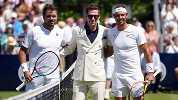 Rafael Nadal (right) and Stan Wawrinka (left) pose for a picture ahead of their ATP EXHO singles match on day two of the Giorgio Armani Tennis Classic at the Hurlingham tennis club. Picture date: Wednesday June 22, 2022. (Photo by John Walton/PA Images via Getty Images)