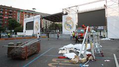 Preparativos de la &#039;fan zone&#039; que el Real Madrid tuvo en Mil&aacute;n para la final de la Und&eacute;cima.