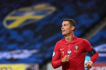 (FILES) This file photo taken on September 8, 2020 shows Portugal's forward Cristiano Ronaldo reacting during the UEFA Nations League football match between Sweden and Portugalin Solna, Sweden. (Photo by Jonathan NACKSTRAND / AFP)