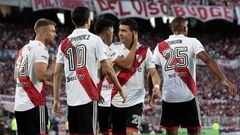 River Plate's midfielder Jose Paradela (C) celebrates with teammates after scoring a goal against Arsenal during the Argentine Professional Football League Tournament 2023 match at El Monumental stadium in Buenos Aires, on February 26, 2023. (Photo by ALEJANDRO PAGNI / AFP) (Photo by ALEJANDRO PAGNI/AFP via Getty Images)