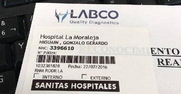 Ficha de Higuaín en el hospital de La Moraleja.