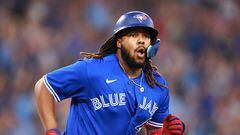 TORONTO, ON - JUNE 24: Vladimir Guerrero Jr. #27 of the Toronto Blue Jays reacts after hitting a two-run home run in the sixth inning against the Oakland Athletics at Rogers Centre on June 24, 2023 in Toronto, Ontario, Canada.   Vaughn Ridley/Getty Images/AFP (Photo by Vaughn Ridley / GETTY IMAGES NORTH AMERICA / Getty Images via AFP)