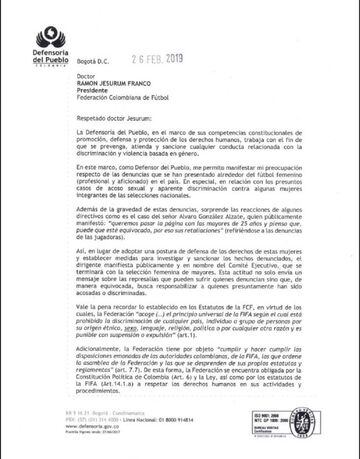 Carta Defensoría del Pueblo a la FCF