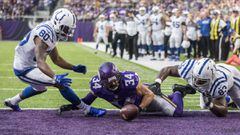 MINNEAPOLIS, MN - DECEMBER 18: Andrew Sendejo #34 of the Minnesota Vikings, Chester Rogers #80 and Dwayne Allen #83 of the Indianapolis Colts scramble for a loose ball after an incomplete pass during the first quarter of the game on December 18, 2016 at US Bank Stadium in Minneapolis, Minnesota.   Adam Bettcher/Getty Images/AFP == FOR NEWSPAPERS, INTERNET, TELCOS &amp; TELEVISION USE ONLY ==