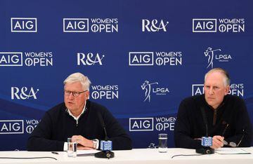GULLANE, SCOTLAND - AUGUST 03: Martin Slumbers, Chief Executive of The R&A (L) and Peter Zaffino, Chairman and Chief Executive Officer of AIG (R) talk in a press conference prior to the AIG Women's Open at Muirfield on August 03, 2022 in Gullane, Scotland. (Photo by Alex Burstow/R&A/R&A via Getty Images)