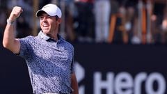Rory McIlroy of Northern Ireland celebrates after winning the final round of the Dubai Desert Classic 2023 Golf Championship at the Emirates Golf Club in Dubai, on January 30, 2023. (Photo by Karim SAHIB / AFP)
