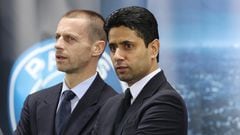PARIS, FRANCE - FEBRUARY 14:  UEFA president Aleksander Ceferin and President Nasser Al-Khelaifi of Paris Saint-Germain attend during the UEFA Champions League Round of 16 first leg match between Paris Saint-Germain and FC Barcelona at Parc des Princes on February 14, 2017 in Paris, France.  (Photo by Xavier Laine/Getty Images)