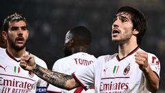 AC Milan's Italian midfielder Sandro Tonali celebrates after scoring his side's second goal during the Italian Serie A football match between Hellas Verona and AC Milan on October 16, 2022 at the Marcantonio-Bentegodi stadium in Verona. (Photo by Marco BERTORELLO / AFP) (Photo by MARCO BERTORELLO/AFP via Getty Images)