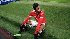 MANCHESTER, ENGLAND - JANUARY 10: Raphael Varane of Manchester United sits on the end of the pitch during the Emirates FA Cup Third Round match between Manchester United and Aston Villa at Old Trafford on January 10, 2022 in Manchester, England. (Photo by Simon Stacpoole/Offside/Offside via Getty Images)