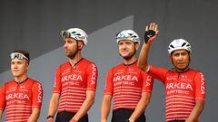 CAHORS, FRANCE - JULY 22: (L-R) Hugo Hofstetter of France, Amaury Capiot of Belgium, Lukasz Owsian of Poland and Nairo Alexander Quintana Rojas of Colombia and Team Arkéa - Samsic wearing the women's team jersey they will wear in the 1st edition of the Tour de France during the team presentation prior to the 109th Tour de France 2022, Stage 19 a 188,3km stage from Castelnau-Magnoac to Cahors / #TDF2022 / #WorldTour / on July 22, 2022 in Cahors, France. (Photo by Michael Steele/Getty Images)