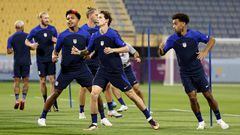 DOHA, QATAR - NOVEMBER 24: (L - R) Weston McKennie, Brenden Aaronson and Tyler Adams of United States train during the USA Training Session at Al Gharafa SC on November 24, 2022 in Doha, Qatar. (Photo by Mohamed Farag/Getty Images)