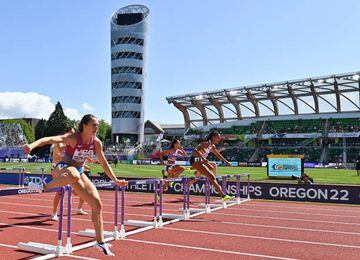 Belgium's Nafissatou Thiam (right), on her way to winning her women's 100m hurdles heat on day three of the World Athletics Championships at Hayward Field in Eugene, Oregon, USA.