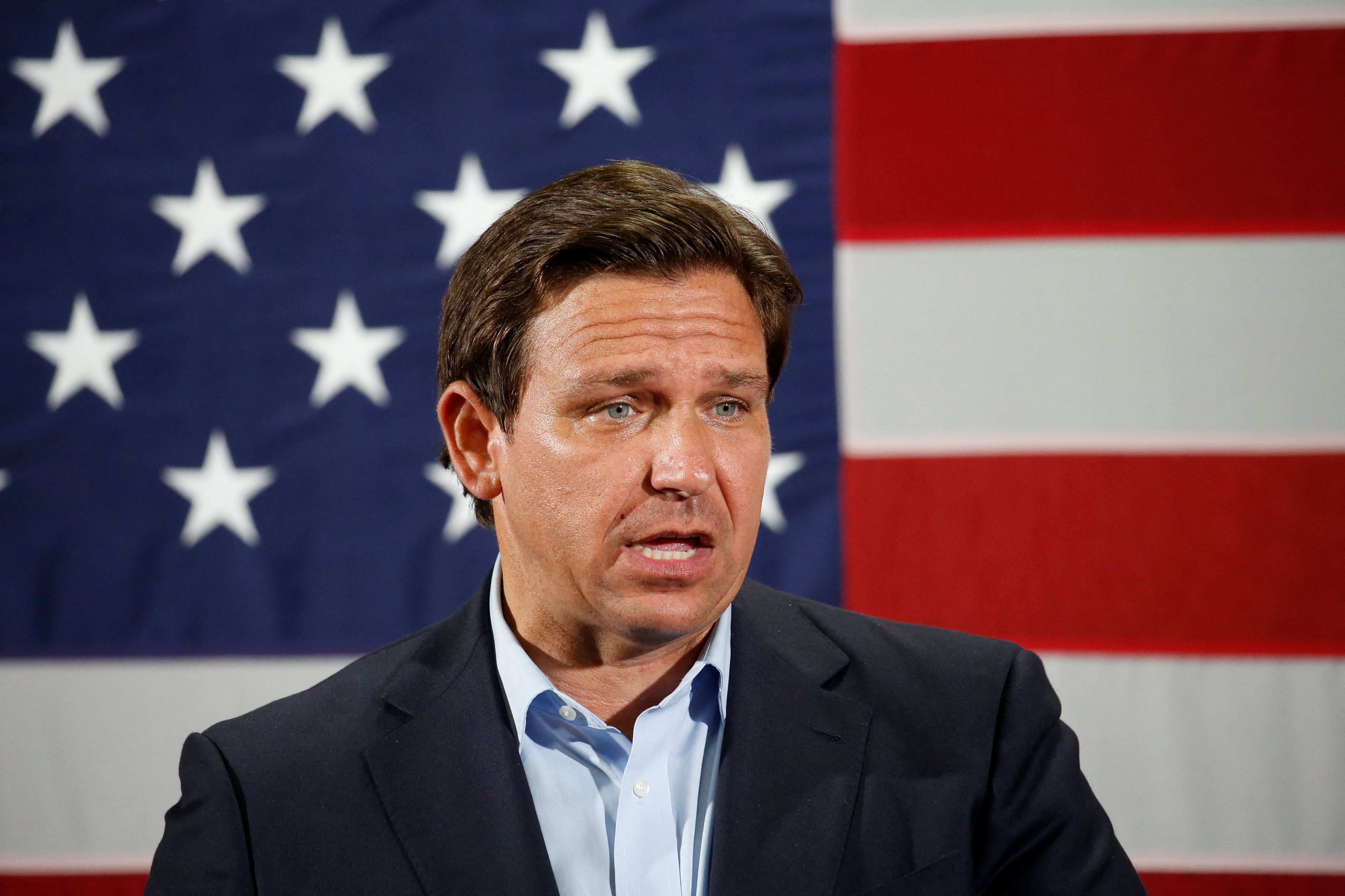 Florida Governor Ron DeSantis speaks during a rally ahead of the midterm elections, in Hialeah, Florida, U.S., November 7, 2022. REUTERS/Marco Bello