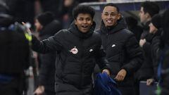 SALZBURG, AUSTRIA - DECEMBER 08: Karim Adeyemi (L) and Noah Okafor of Red Bull Salzburg celebrate after victory in the UEFA Champions League group G match between FC Red Bull Salzburg and Sevilla FC at Stadion Salzburg on December 08, 2021 in Salzburg, Au