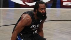 NEW YORK, NEW YORK - FEBRUARY 25: James Harden #13 of the Brooklyn Nets dribbles against the Orlando Magic during their game at the Barclays Center on February 25, 2021 in New York City. NOTE TO USER: User expressly acknowledges and agrees that, by downlo