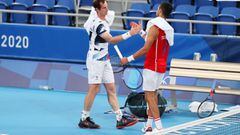 Andy Murray of Team Great shakes hands with Novak Djokovic of Team Serbia after a practice match ahead of the Tokyo 2020 Olympic Games at Ariake Tennis Park on July 22.