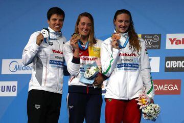 Franziska Hentke, Mireia Belmonte and Katinka Hosszu on the podium.