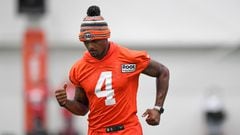 BEREA, OH - JULY 27: Deshaun Watson #4 of the Cleveland Browns runs a drill during Cleveland Browns training camp at CrossCountry Mortgage Campus on July 27, 2022 in Berea, Ohio.   Nick Cammett/Getty Images/AFP
== FOR NEWSPAPERS, INTERNET, TELCOS & TELEVISION USE ONLY ==
