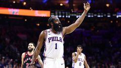 PHILADELPHIA, PENNSYLVANIA - DECEMBER 19: James Harden #1 of the Philadelphia 76ers reacts during the fourth quarter against the Toronto Raptors at Wells Fargo Center on December 19, 2022 in Philadelphia, Pennsylvania. NOTE TO USER: User expressly acknowledges and agrees that, by downloading and or using this photograph, User is consenting to the terms and conditions of the Getty Images License Agreement.   Tim Nwachukwu/Getty Images/AFP (Photo by Tim Nwachukwu / GETTY IMAGES NORTH AMERICA / Getty Images via AFP)