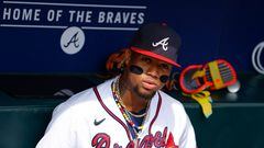 ATLANTA, GEORGIA - SEPTEMBER 20: Ronald Acuna Jr. #13 of the Atlanta Braves looks on prior to the game against the Philadelphia Phillies at Truist Park on September 20, 2023 in Atlanta, Georgia.   Todd Kirkland/Getty Images/AFP (Photo by Todd Kirkland / GETTY IMAGES NORTH AMERICA / Getty Images via AFP)