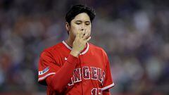 Aug 25, 2023; New York City, New York, USA; Los Angeles Angels designated hitter Shohei Ohtani (17) blows on his fingers as he walks off the field after the top of the fifth inning against the New York Mets at Citi Field. Mandatory Credit: Brad Penner-USA TODAY Sports