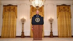 US President Joe Biden delivers remarks on the terror attack at Hamid Karzai International Airport, and the US service members and Afghan victims killed and wounded, in the East Room of the White House.