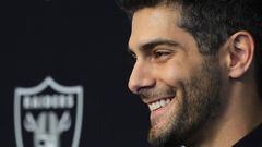 HENDERSON, NEVADA - MARCH 17: Quarterback Jimmy Garoppolo is introduced at the Las Vegas Raiders Headquarters/Intermountain Healthcare Performance Center on March 17, 2023 in Henderson, Nevada.   Ethan Miller/Getty Images/AFP (Photo by Ethan Miller / GETTY IMAGES NORTH AMERICA / Getty Images via AFP)