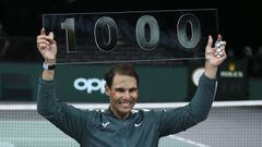 PARIS, FRANCE - NOVEMBER 4: Rafael Nadal of Spain celebrates with this victory over Feliciano Lopez of Spain his 1000th victory on Tour during day 3 of the Rolex Paris Masters, an ATP Masters 1000 tournament held behind closed doors at AccorHotels Arena f