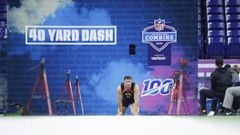 INDIANAPOLIS, IN - MARCH 03: Defensive lineman Nick Bosa of Ohio State gets ready prior to running the 40-yard dash during day four of the NFL Combine at Lucas Oil Stadium on March 3, 2019 in Indianapolis, Indiana.   Joe Robbins/Getty Images/AFP == FOR N