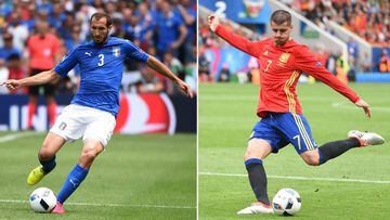  Italy&#039;s defender Giorgio Chiellini (L) and Spain&#039;s forward Alvaro Morata   