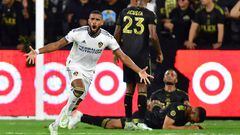 Oct 20, 2022; Los Angeles, California, US; Los Angeles Galaxy midfielder Samuel Grandsir (11) reacts after scoring during the first half of the MLS Cup Playoff semifinal against the Los Angeles FC at Banc Of California Stadium. Mandatory Credit: Gary A. Vasquez-USA TODAY Sports
