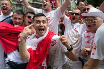 Poland fans get into the mood on Jean Jaures Square, Saint-Etienne