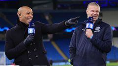 MANCHESTER, ENGLAND - MARCH 14: Thierry Henry (L) laughs and smiles with Erling Haaland of Manchester City after the UEFA Champions League round of 16 leg two match between Manchester City and RB Leipzig at Etihad Stadium on March 14, 2023 in Manchester, United Kingdom. (Photo by Simon Stacpoole/Offside/Offside via Getty Images)