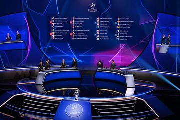 This picture shows the complete draw for the UEFA Champions League football tournament in Istanbul on August 26, 2021. (Photo by OZAN KOSE / AFP)